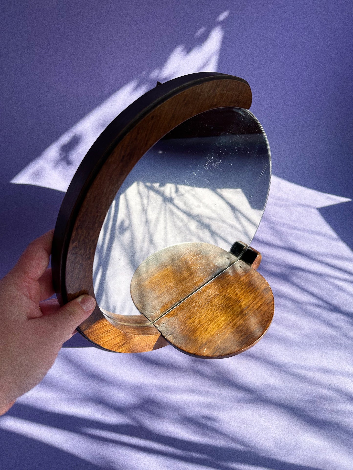 Vintage Handmade Dark Brown Wood Mirror & Shelf