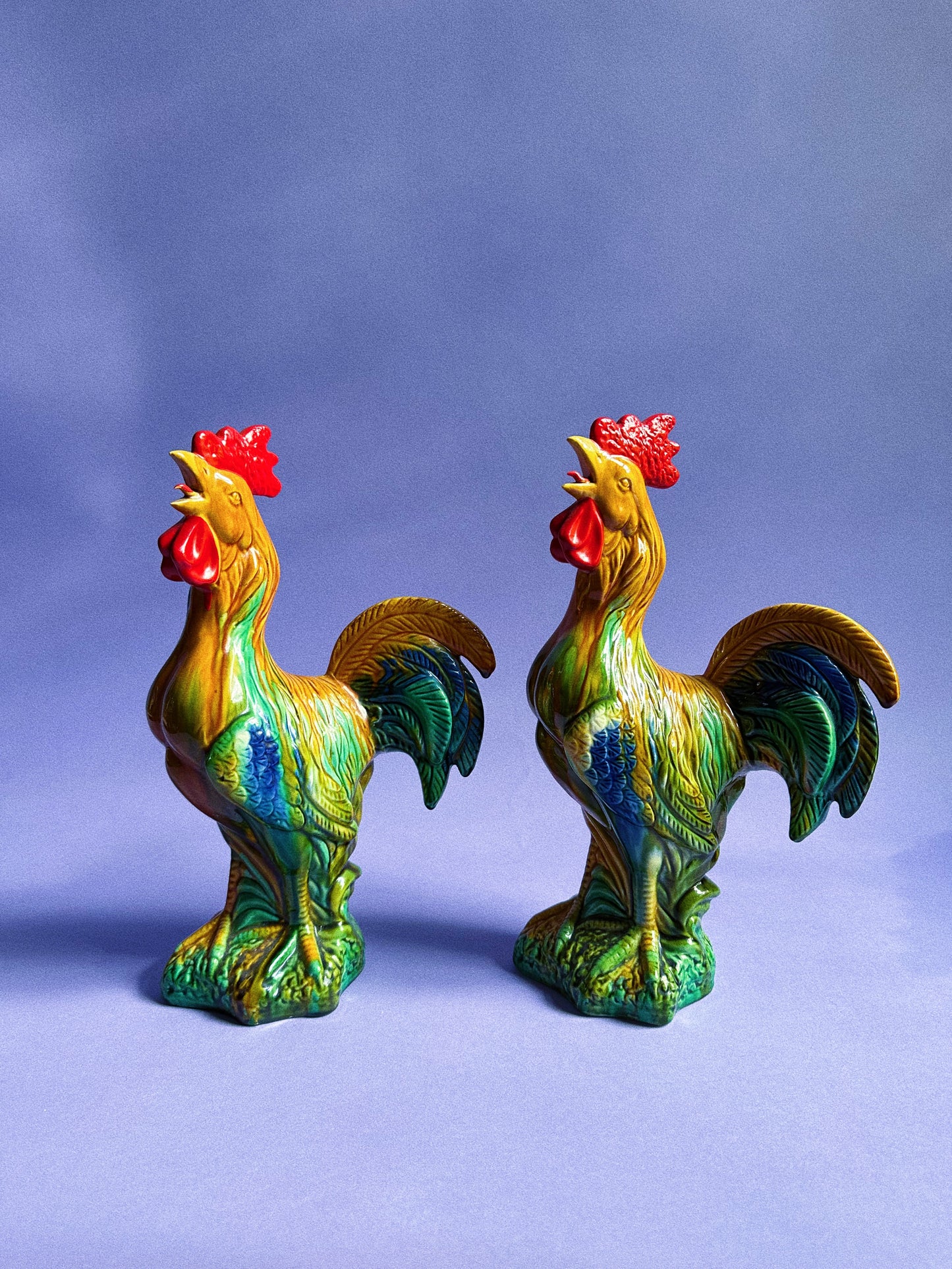Pair Of 12” Majolica Glazed Bright Ceramic Roosters