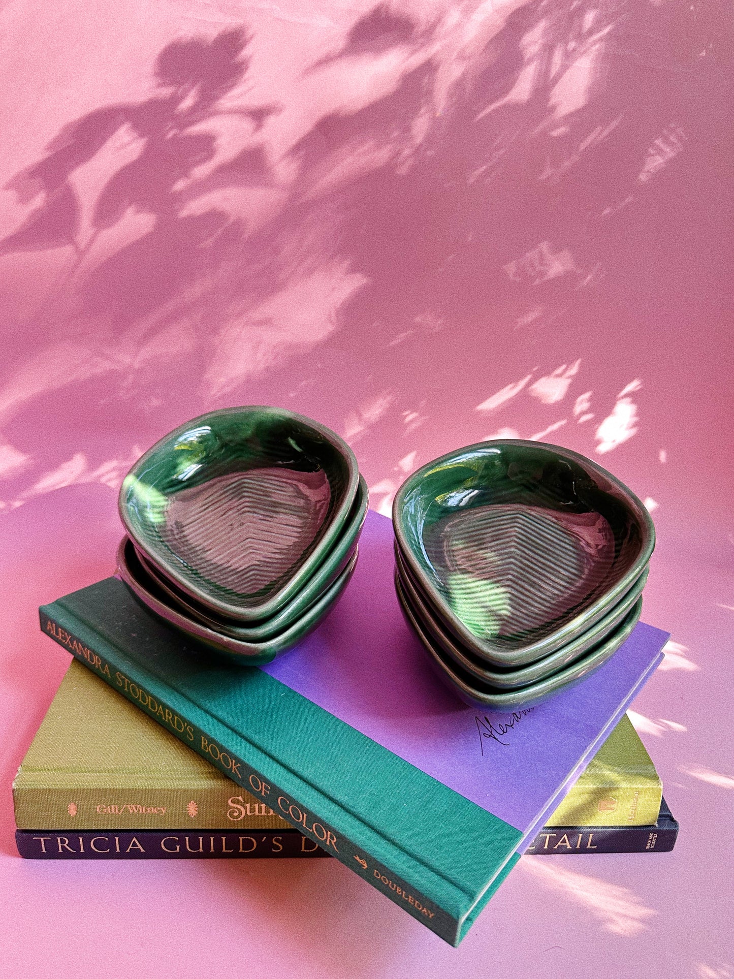 Set of 6 Green Leaf Glazed Pottery Serving Dishes