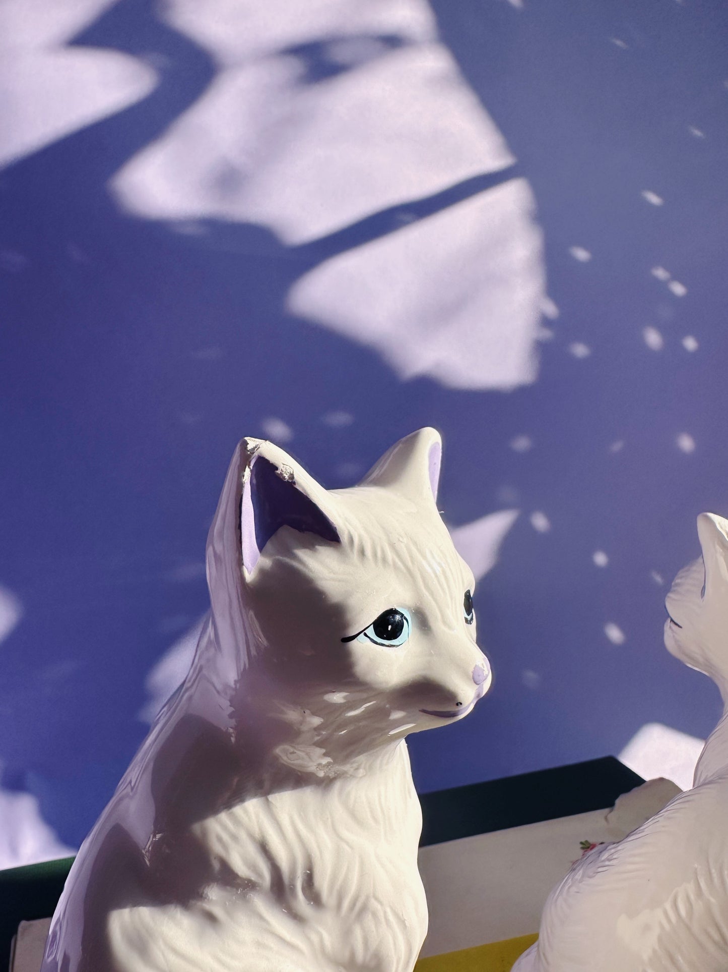 Vintage Pair of Ceramic White Cat Sculptures w Purple Details