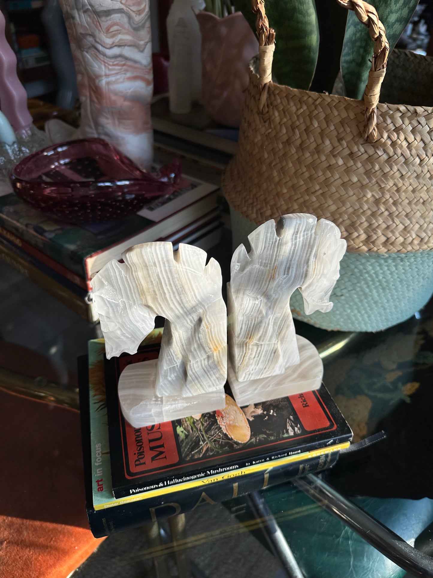 Vintage Pair Carved Onyx Stone Trojan Horse Head Bookends 6 1/4”