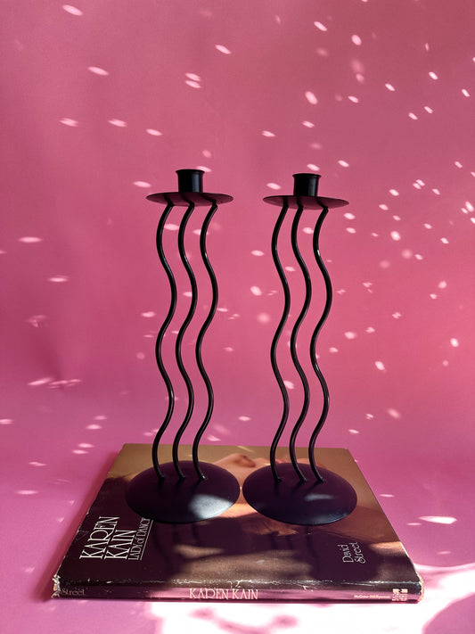 Vintage Post Modern Sculptural Squiggle Wrought Iron 1990s Memphis Candlesticks