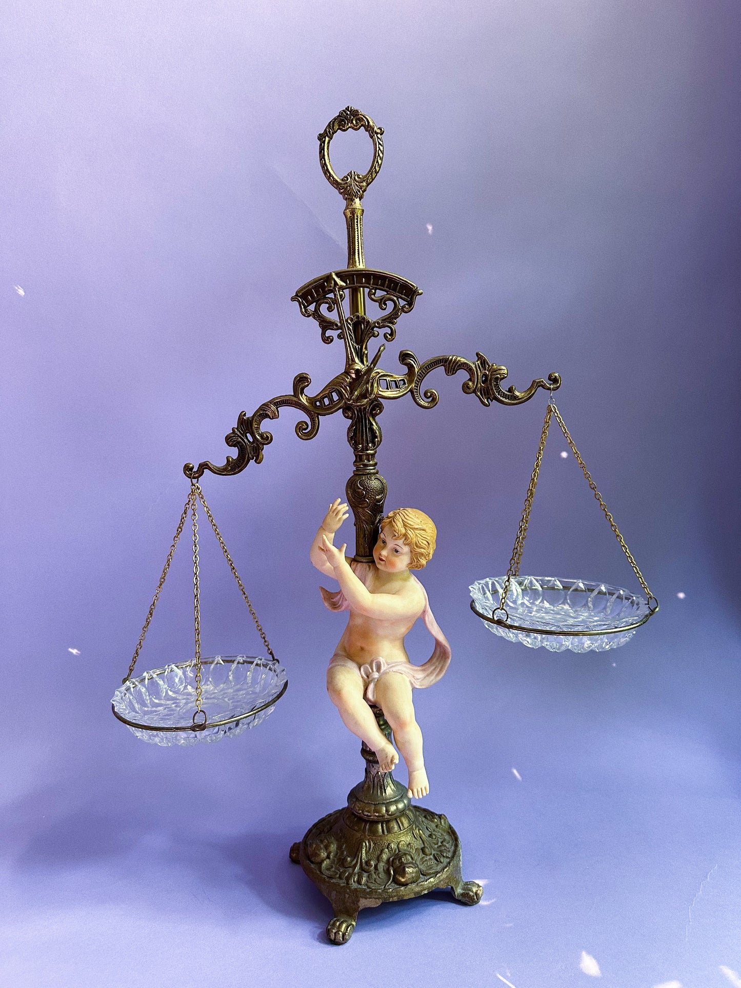 Vintage Large Brass Crystal Prisms Balance-Scales of Justice 24.5”H Cherub
