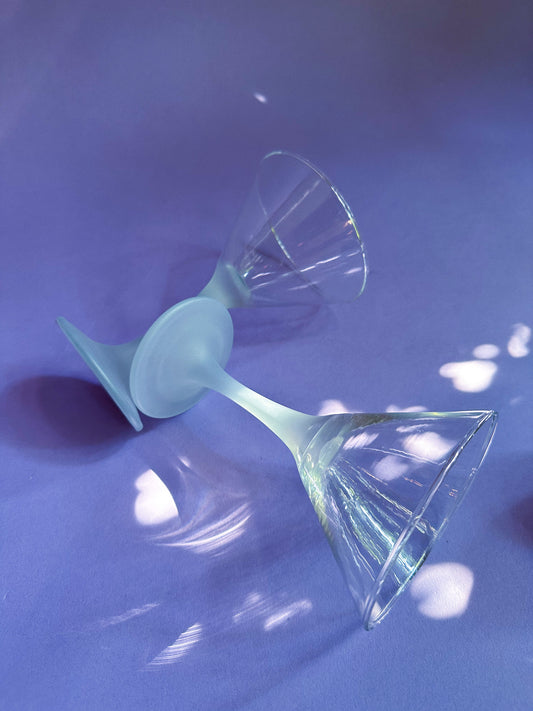 Beautiful Pair of Frosted Blue Stemmed Martini Glasses