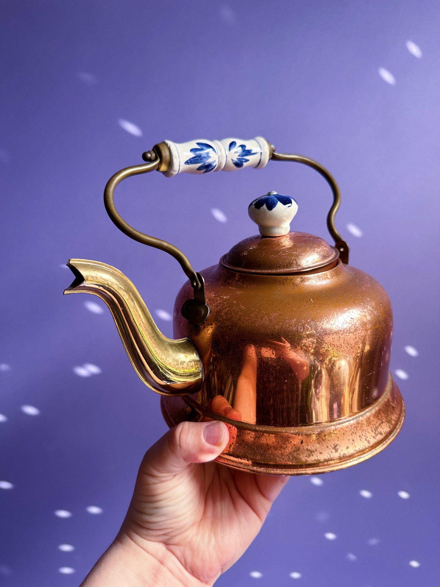 Vintage Copper Tea Pot Kettle with Porcelain Delft Handle and Knob