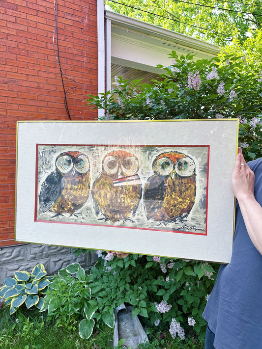 Large MCM 3 Owls Matted & Framed Art by John Hoyman 1960s