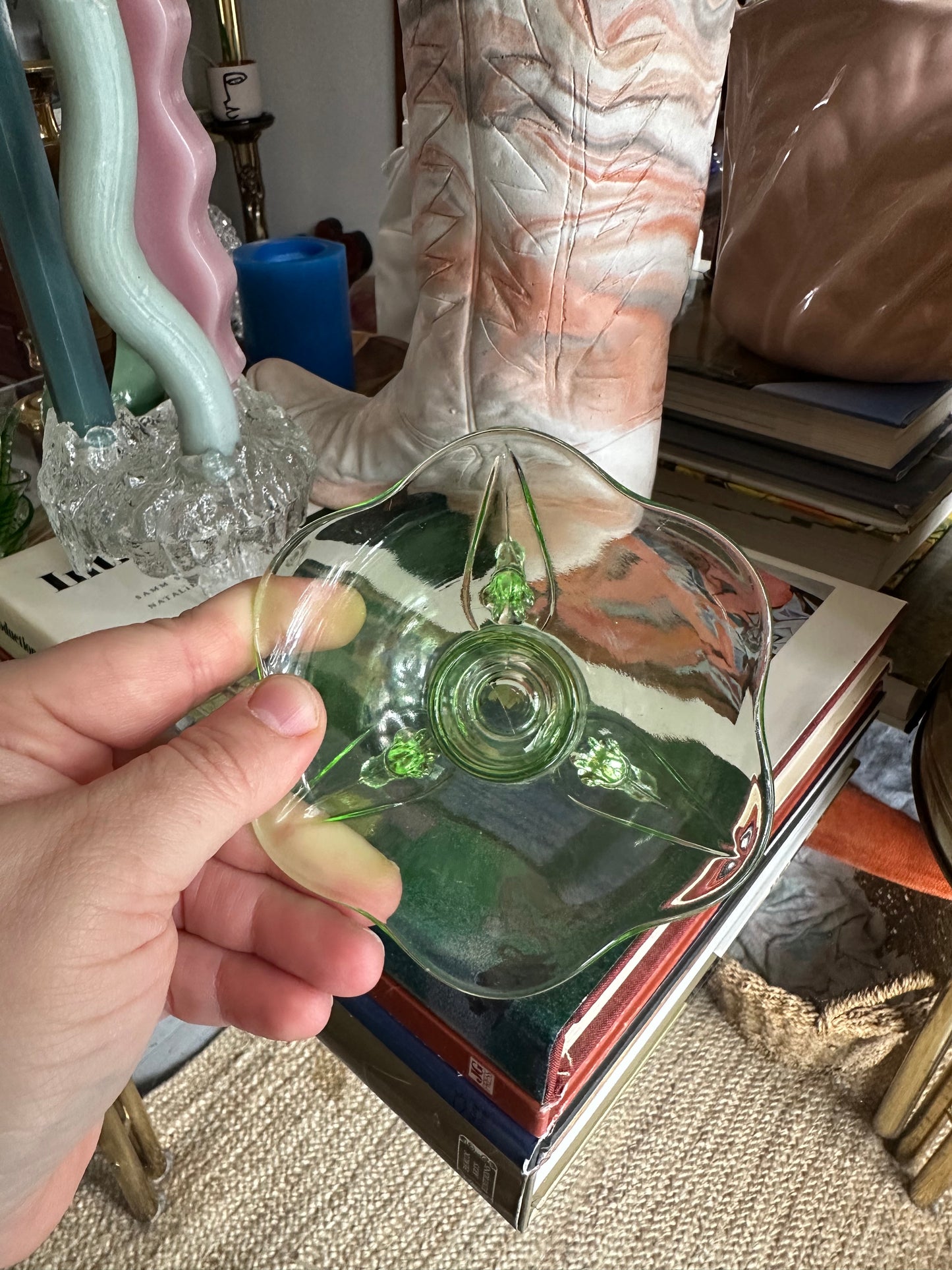 Vintage 1930s Uranium Glass Fostoria Footed Candleholders - Fairfax Pattern