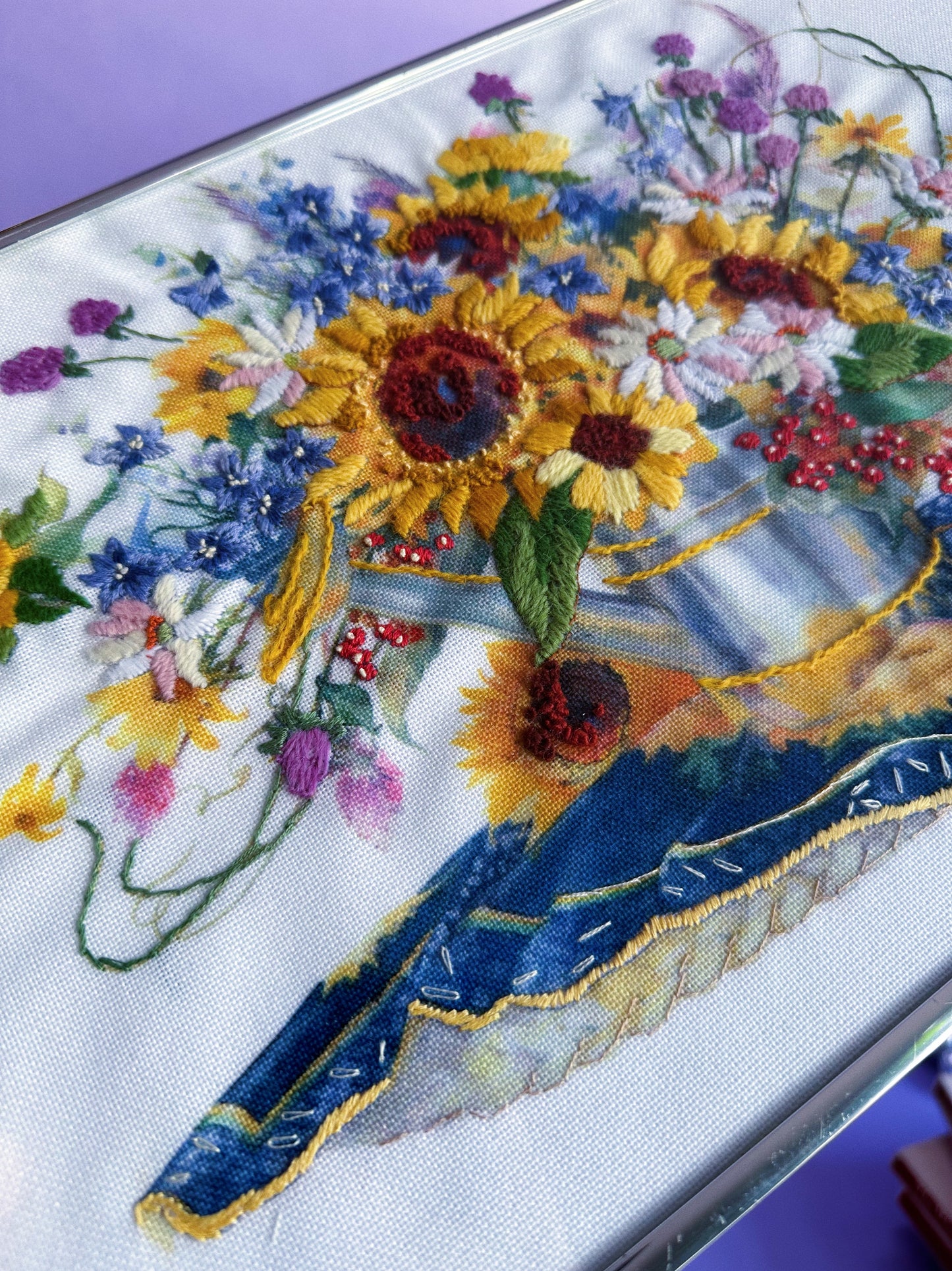 Vintage Sunflower Bouquet Crewel Embroidery Complete Needlepoint