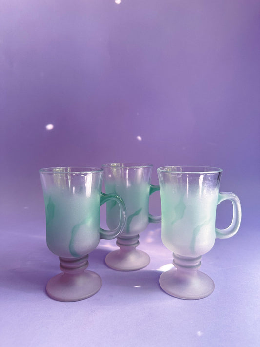 Vintage Libbey Frosted Footed Glass Mugs Cups with Handle, Set of 3