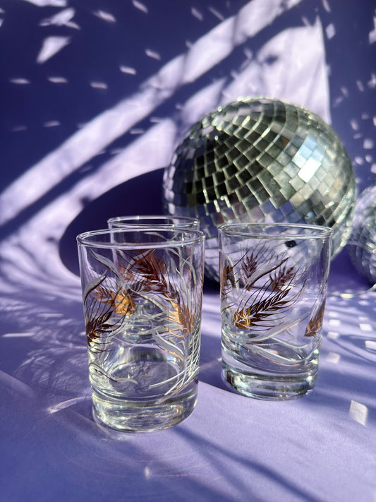 Vintage MCM Set of 3 Short Wheat Gold & White Tumblers