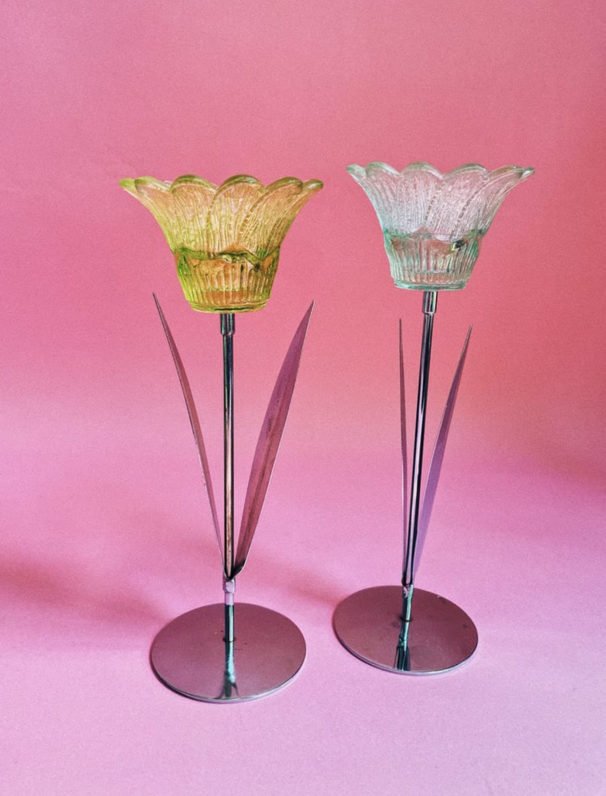 Fun Tulip Blue & Green Glass & Chrome Taper Candle Holders
