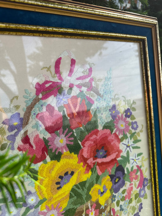 Vintage Framed Colourful Floral Vase Crewel