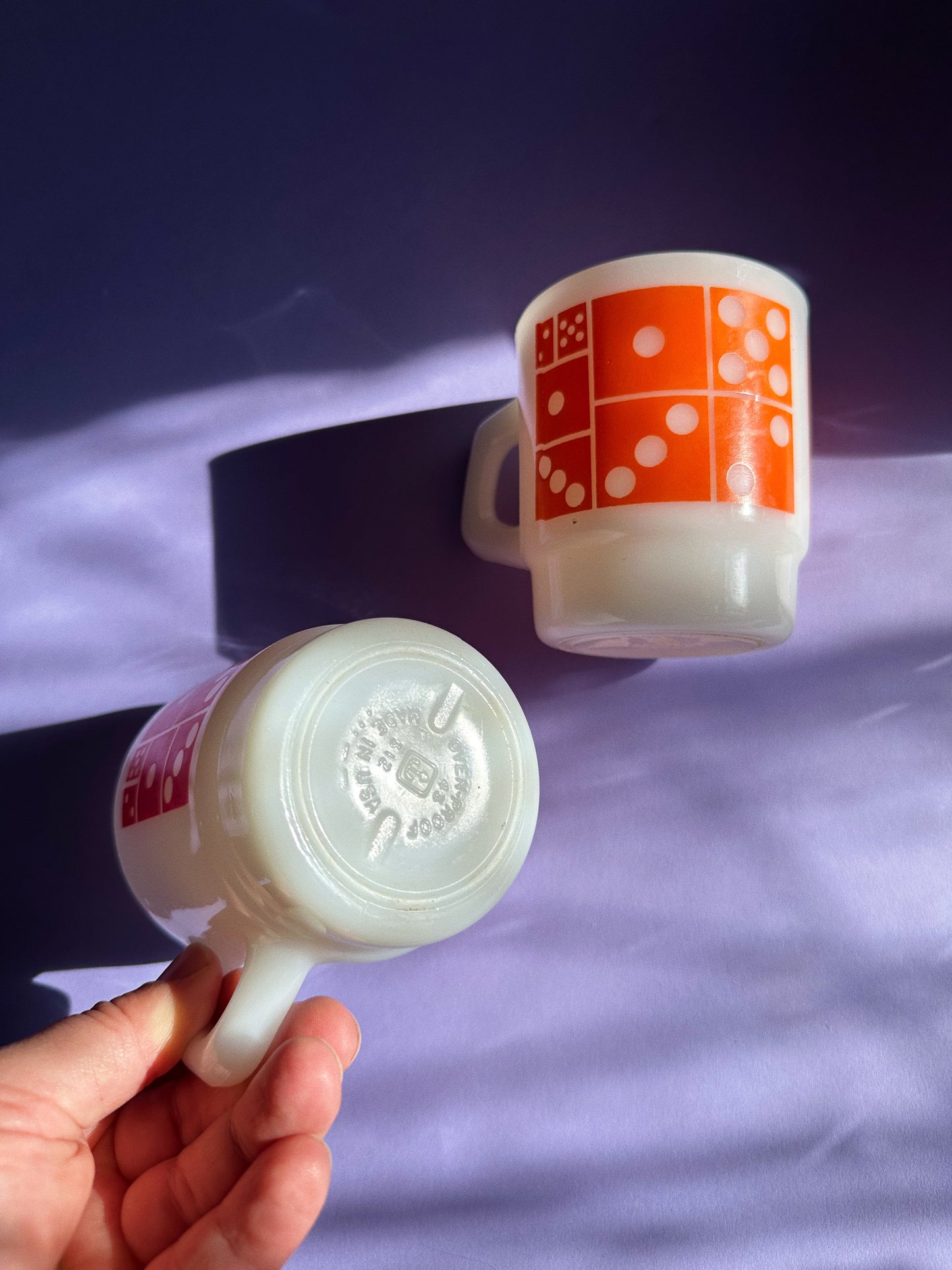 Vintage Orange & Red Domino Stacking Fire King Milk Glass Mugs