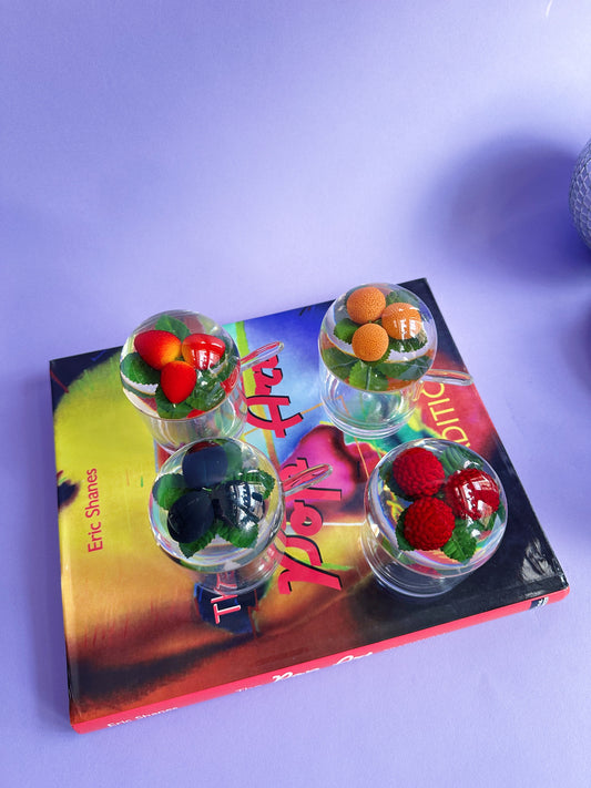 Vintage Set of 4 Lucite & Acrylic Jam Jars w/ 3 Spoons, Oranges and Berries