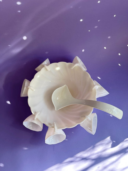 9 pc Vintage Hazel Atlas Milk Glass Alpine White Swirl Punch Bowl Set