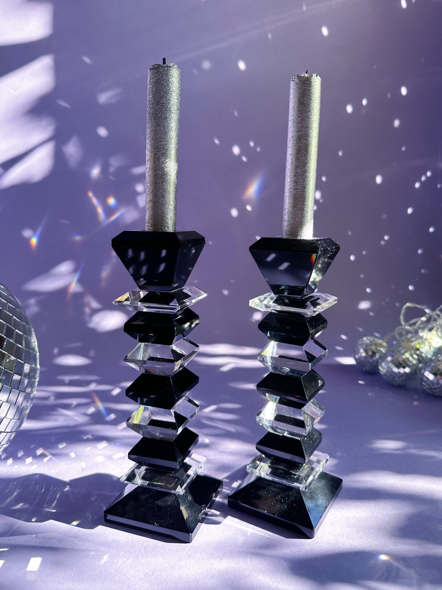 Vintage Heavy Crystal Black & Clear Candle Holders Candlesticks