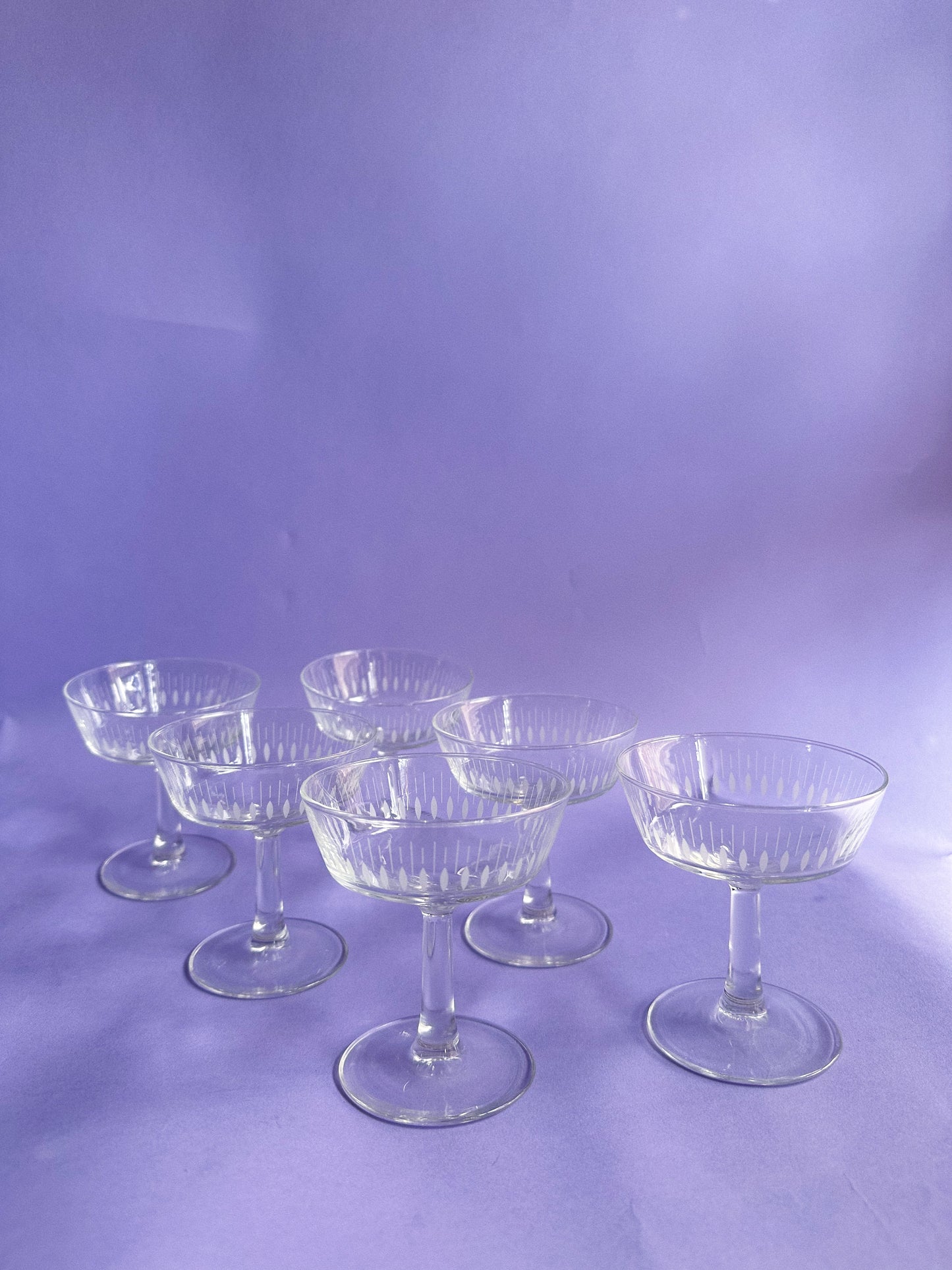Vintage Set of 6 French Champagne Coupes With Etched Design Made in France