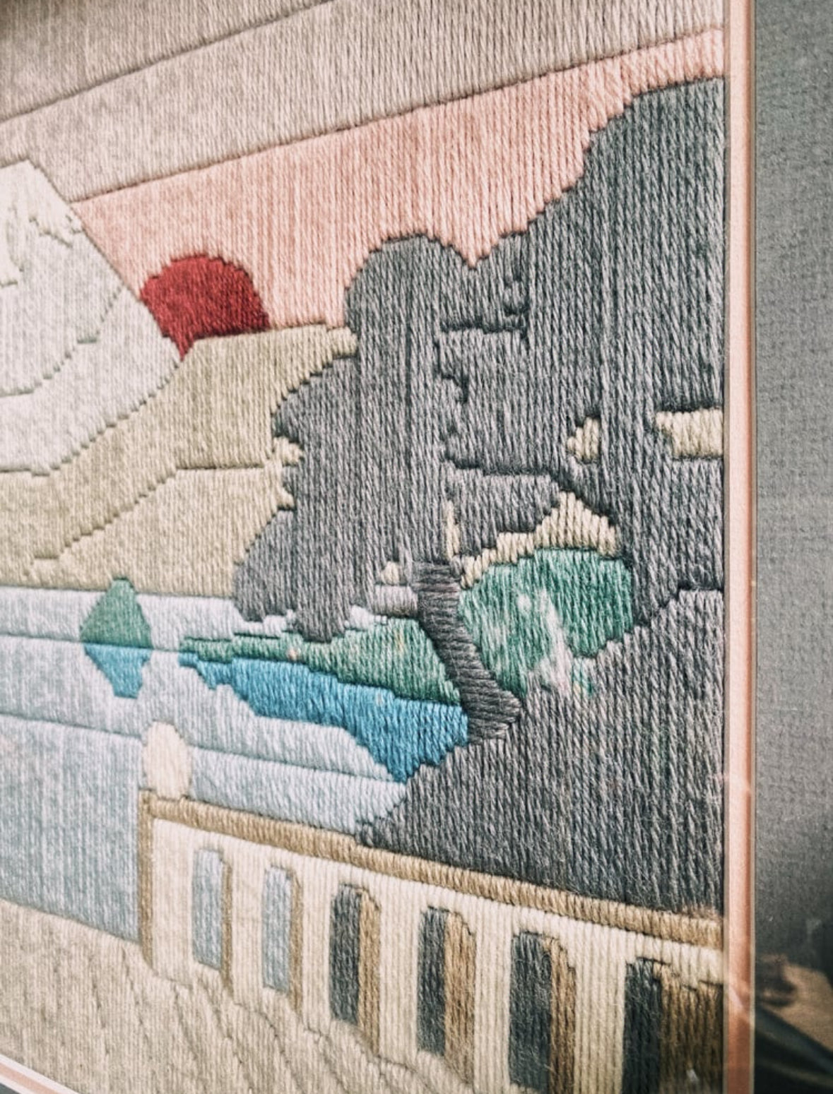 Beautiful Vintage Framed Sunset Crewel Art