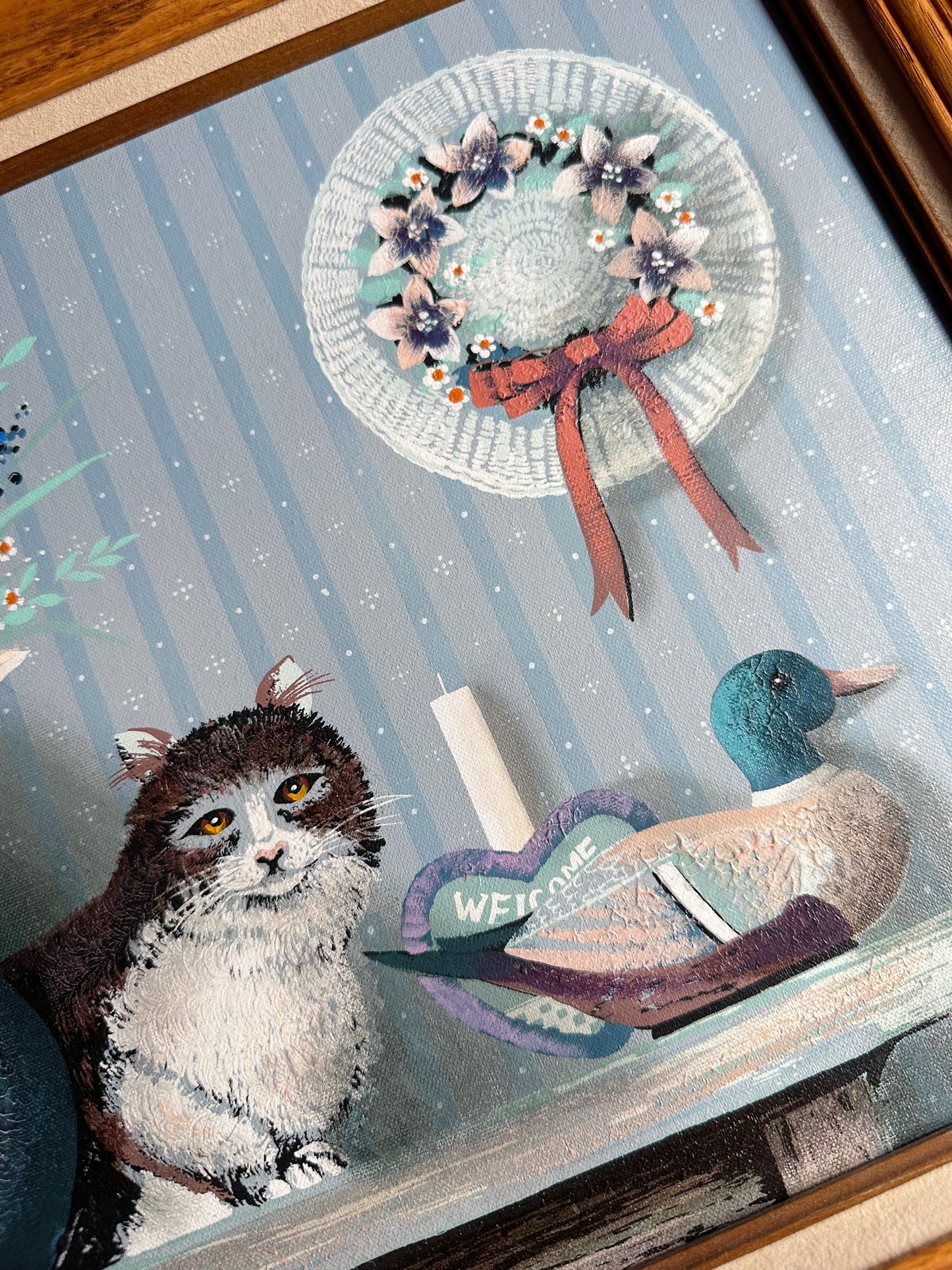 Framed Hamilton Cat & Duck Decoy Oil Painting Folk Country, Cabin Farm House