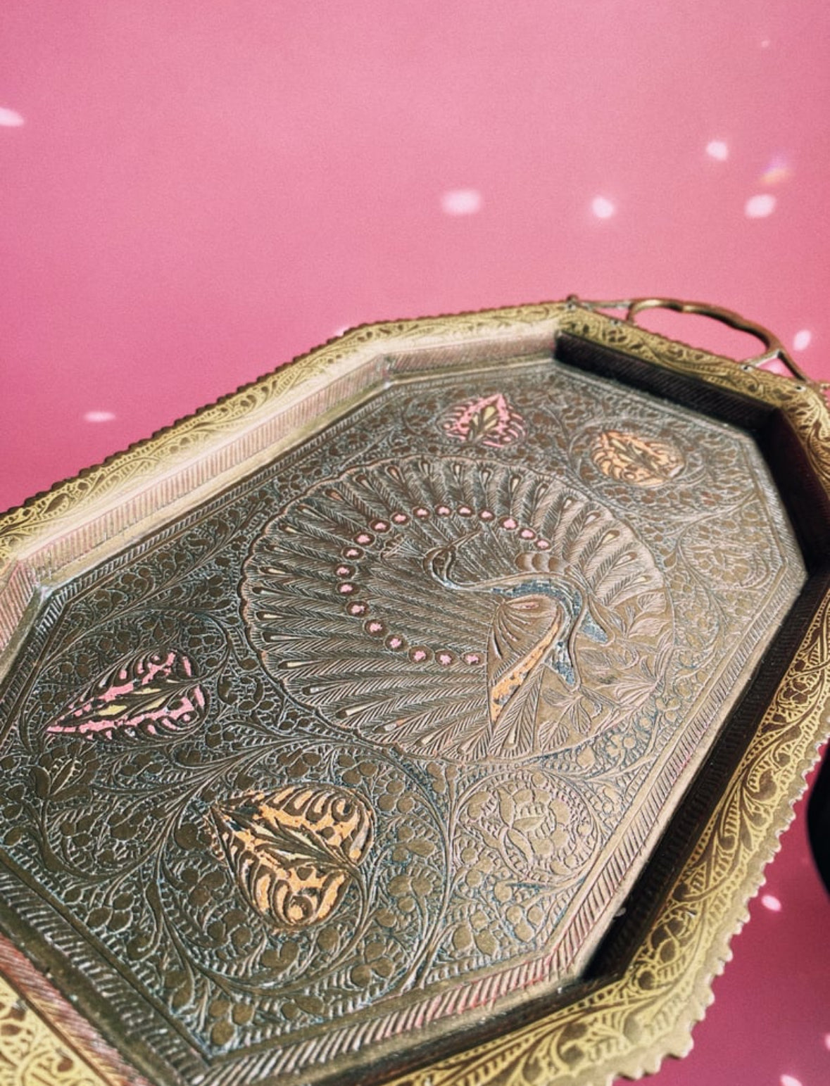 Antique Solid Brass & Enamel Peacock Tray