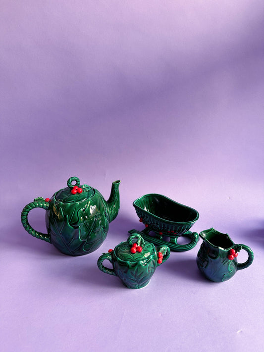 Vintage Lefton Ceramic Set Green Holly Red Berry Teapot, Sugar, Creamer & Sleigh