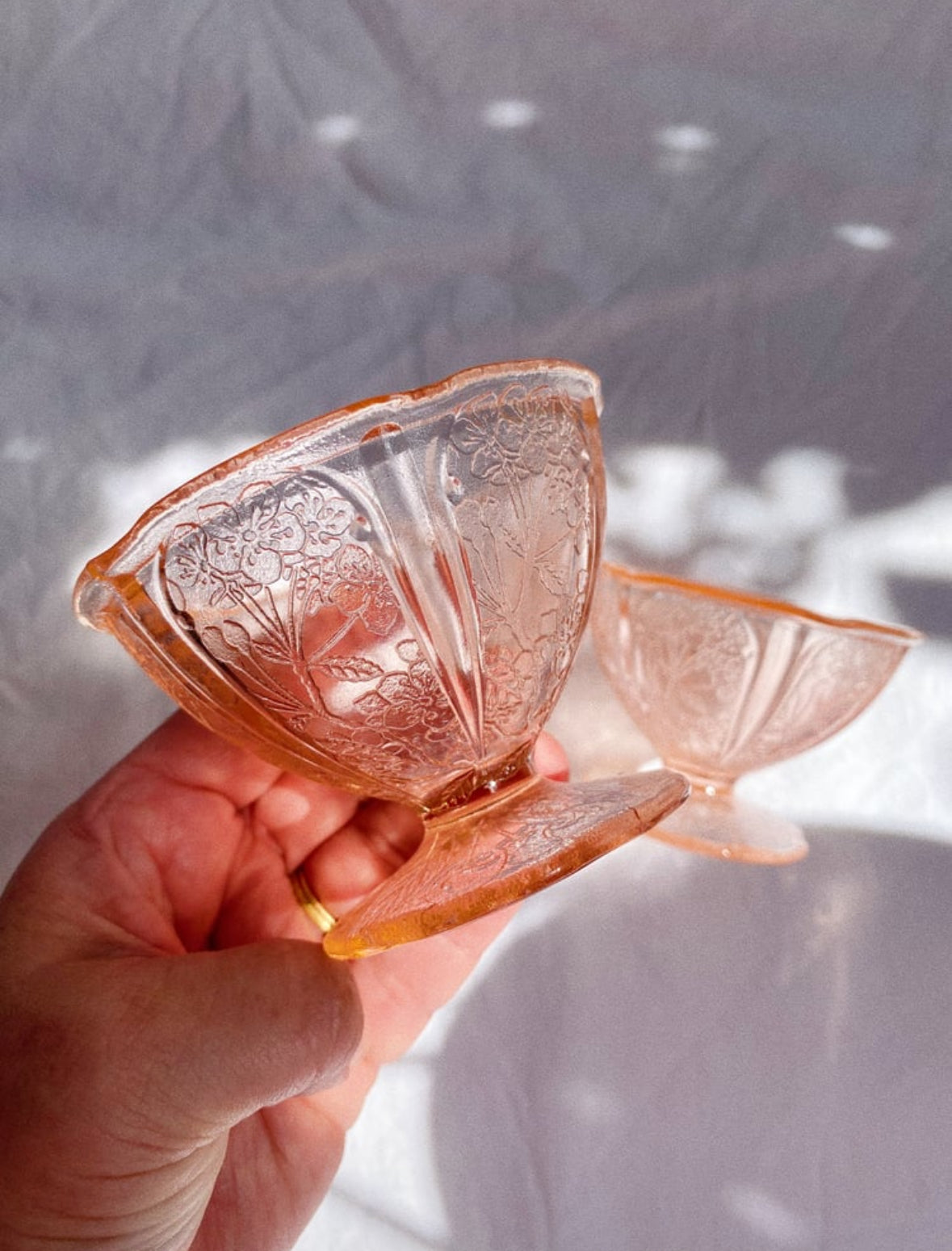 Vintage 1930s Cherry Blossom Jeanette Pink Depression Sherbet Glasses