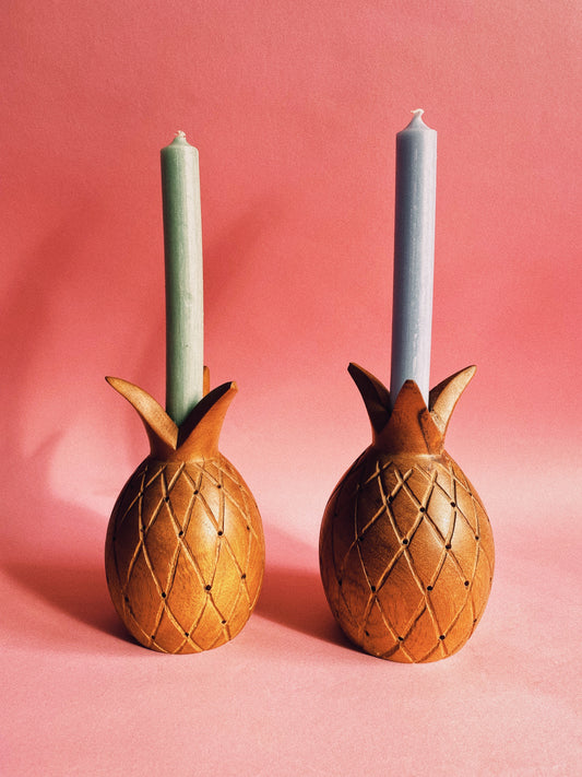 Pair of MCM Solid Handcrafted Pineapple Wood Candle Holders