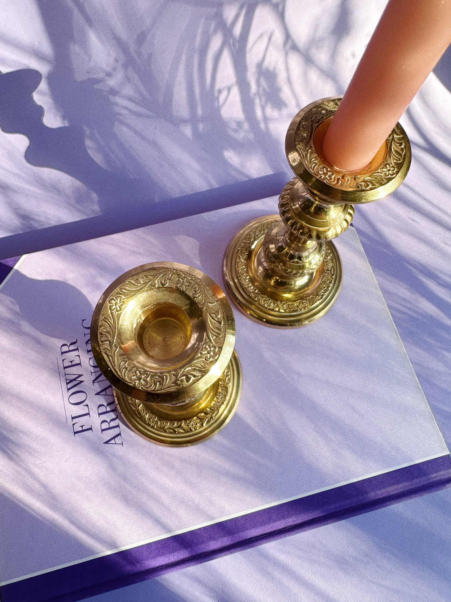 Vintage Shiny Brass Floral Etched Candlesticks