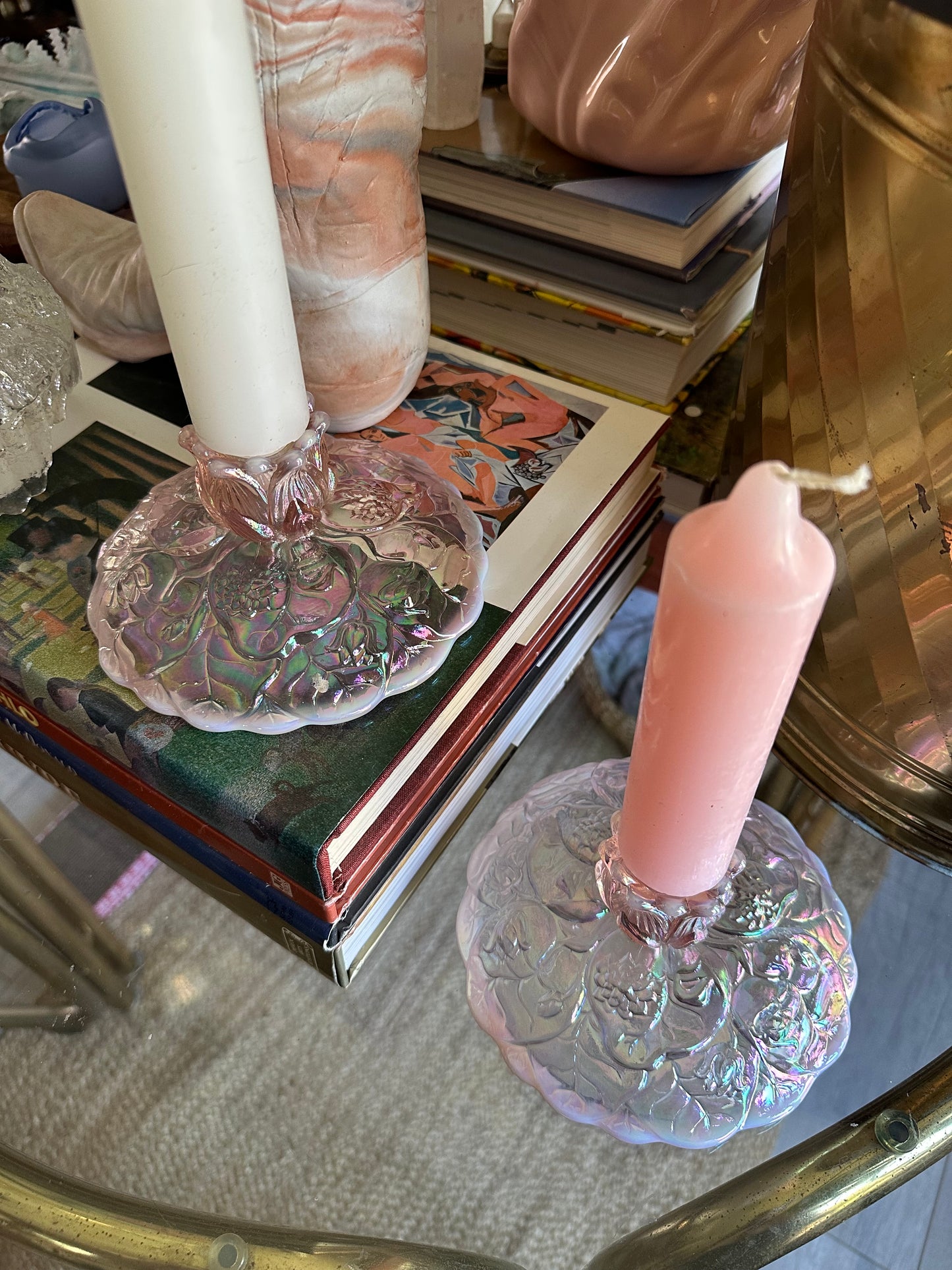 Vintage Fenton Pink Opalescent Carnival Glass Water Lilly Candlestick Holders