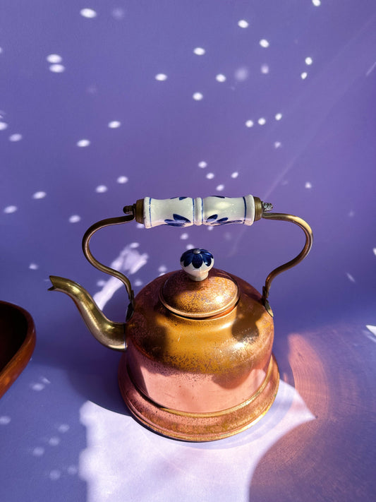 Vintage Copper Tea Pot Kettle with Porcelain Delft Handle and Knob