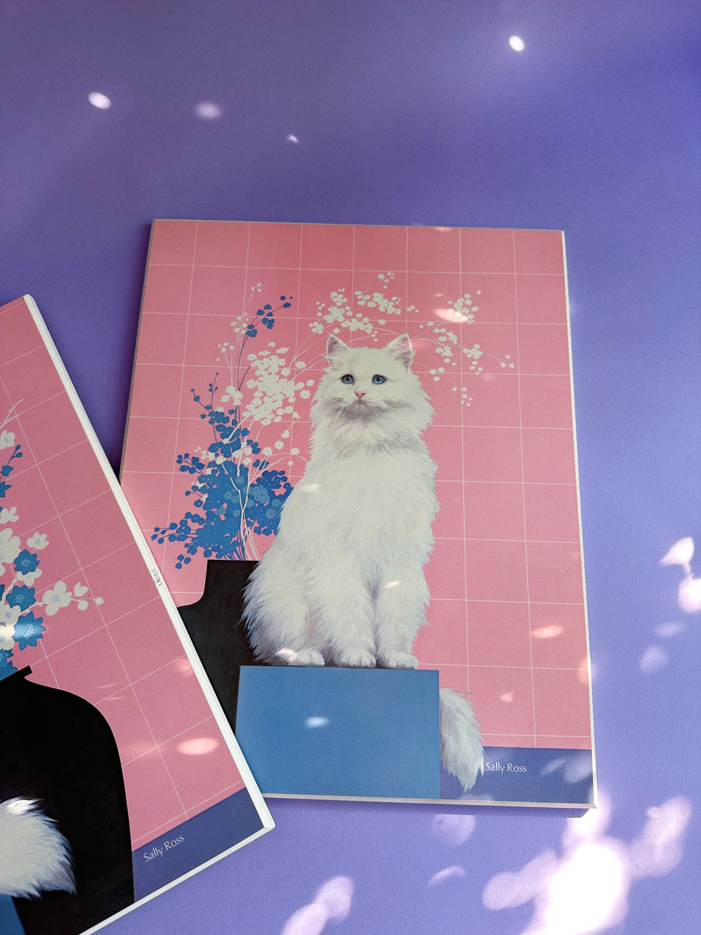 Vintage Pink White Cat Sally Ross Board Prints