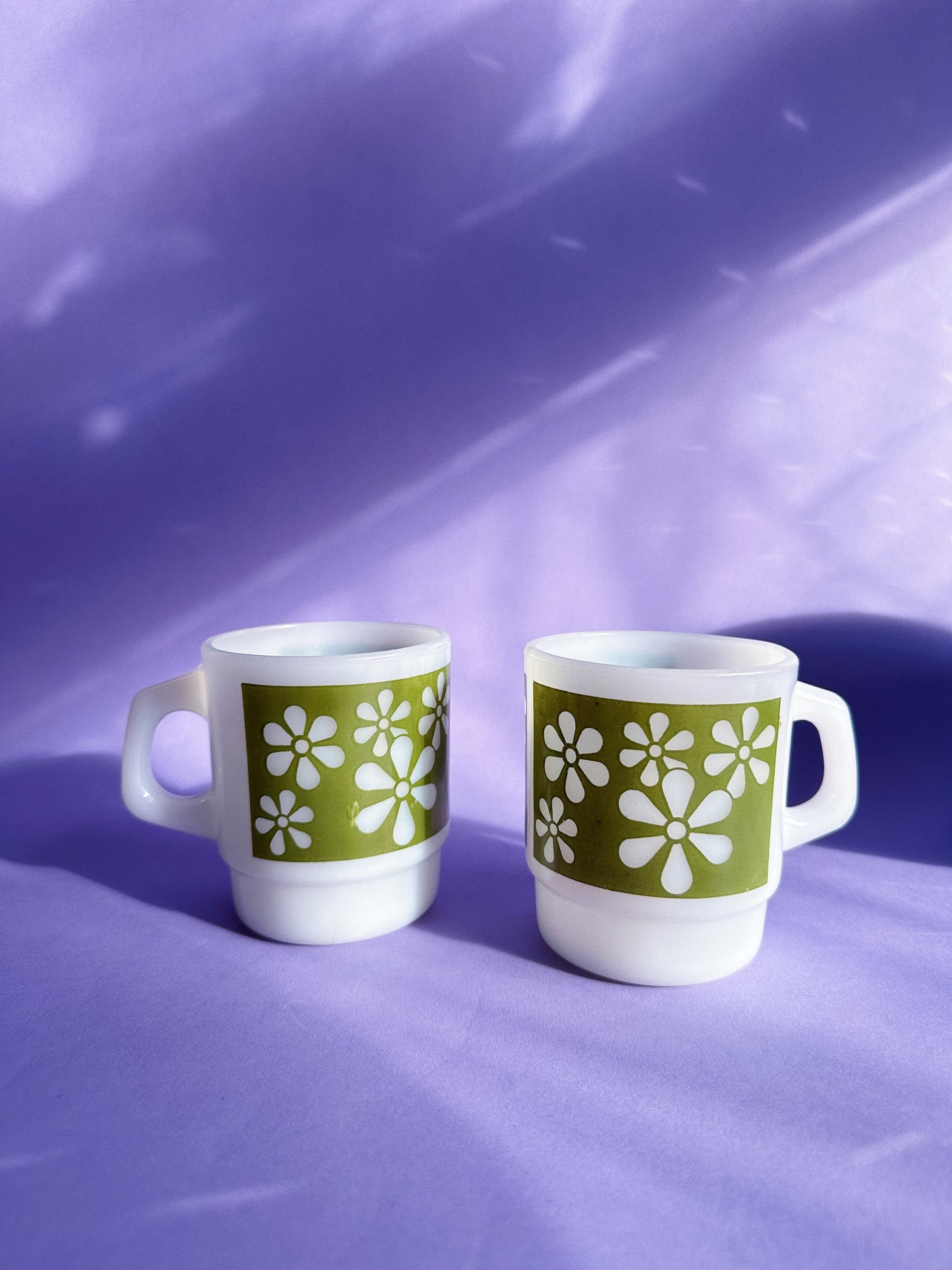 Anchor Hocking Fire King Mugs Green Flowers Milk Glass Lot Of (2) Great Cond