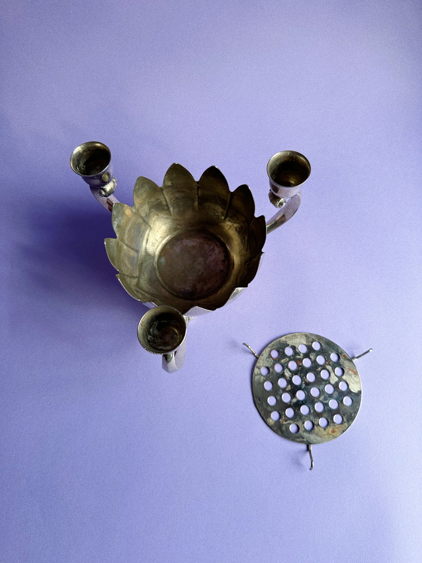 Vintage Silver Plated Candle Holder Water Lily Lotus Flower Frog