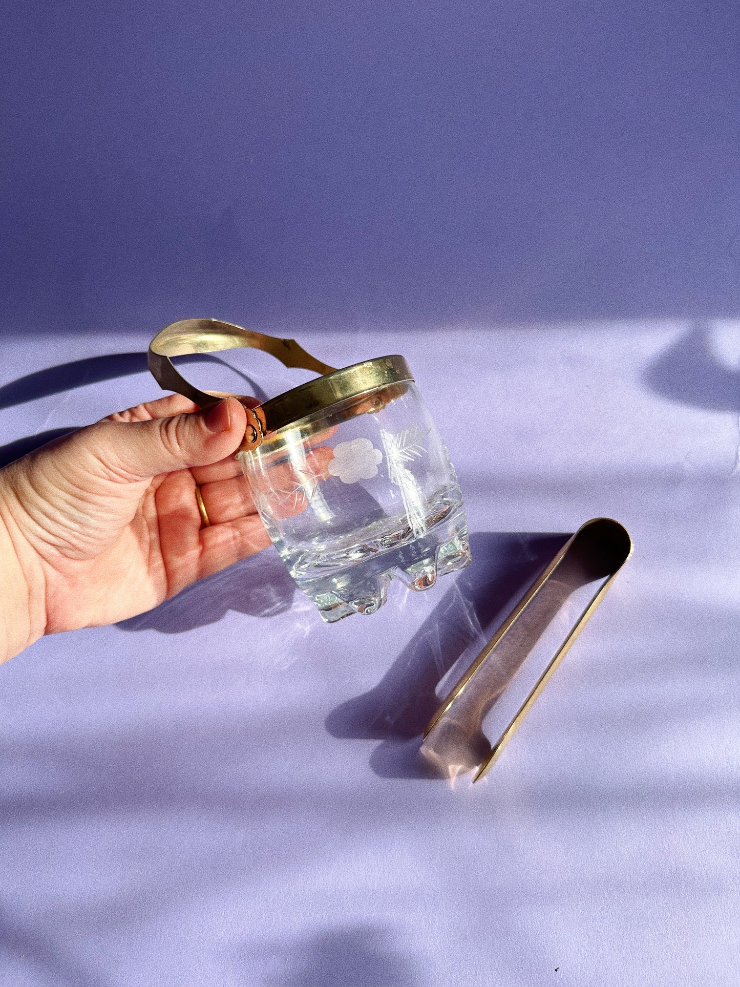 Vintage Etched Personal Sized Crystal Ice Bucket Italy Brass