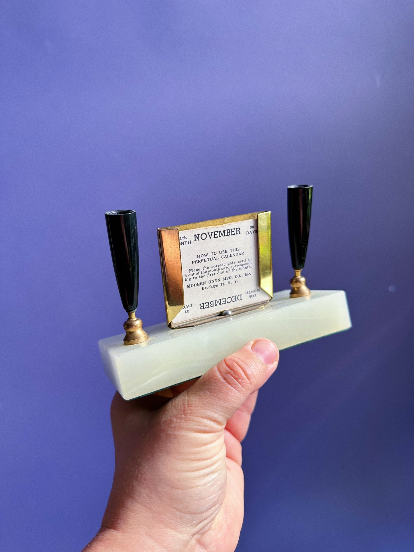 Vintage USA 2 Fountain Pens Marble Holder Perpetual Calendar Brass