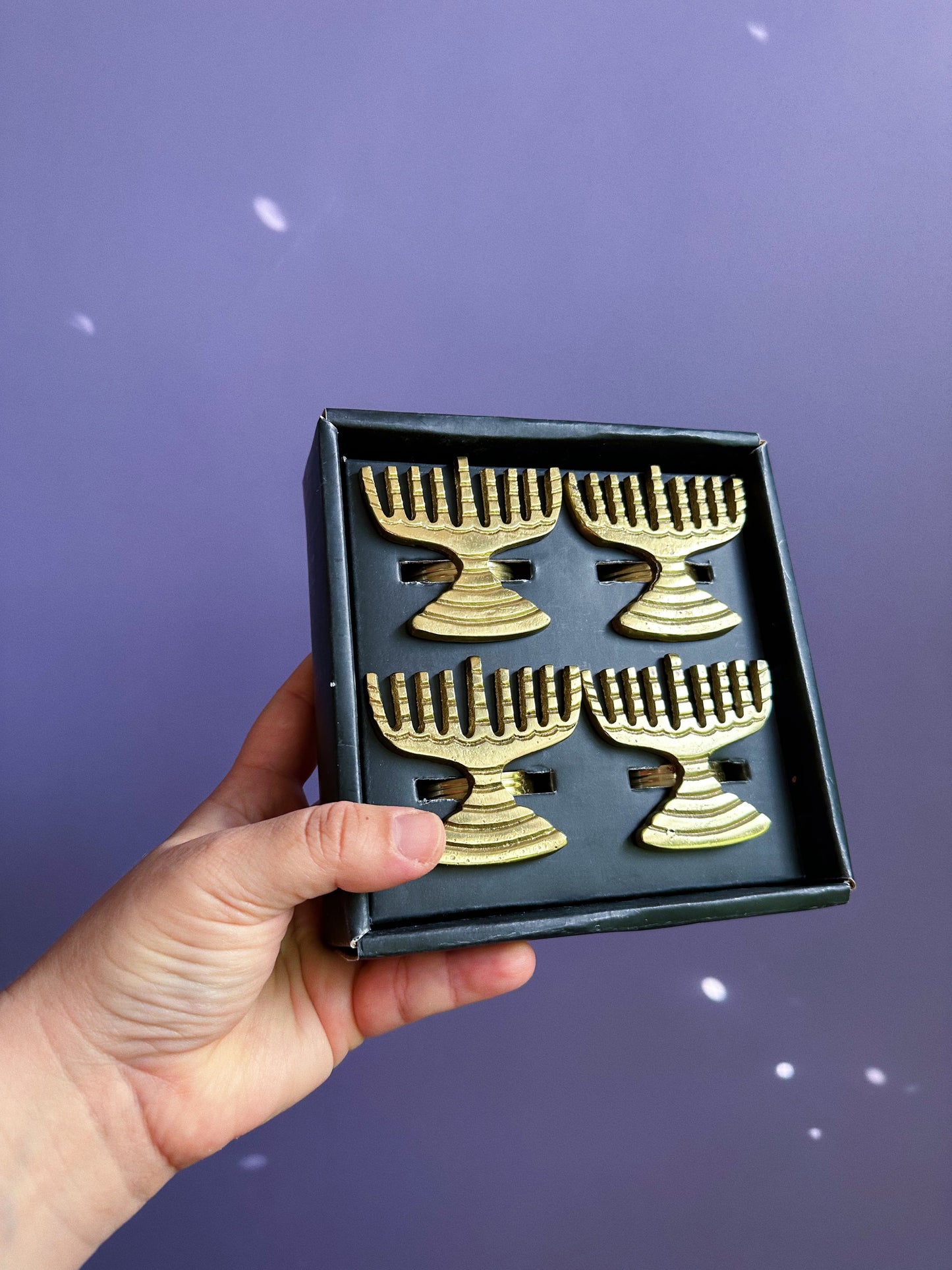 Four Brass Menorah Napkin Ring Holders