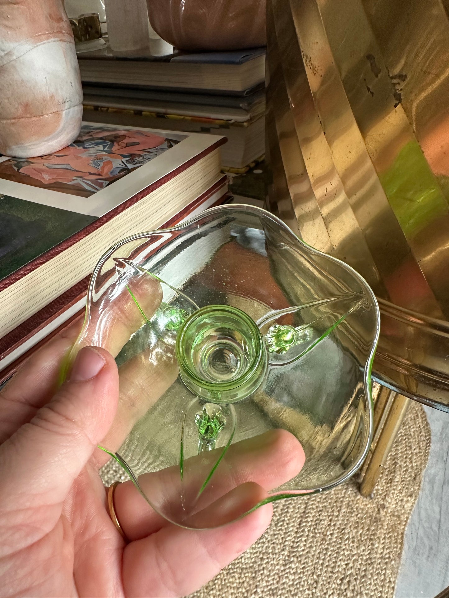 Vintage 1930s Uranium Glass Fostoria Footed Candleholders - Fairfax Pattern