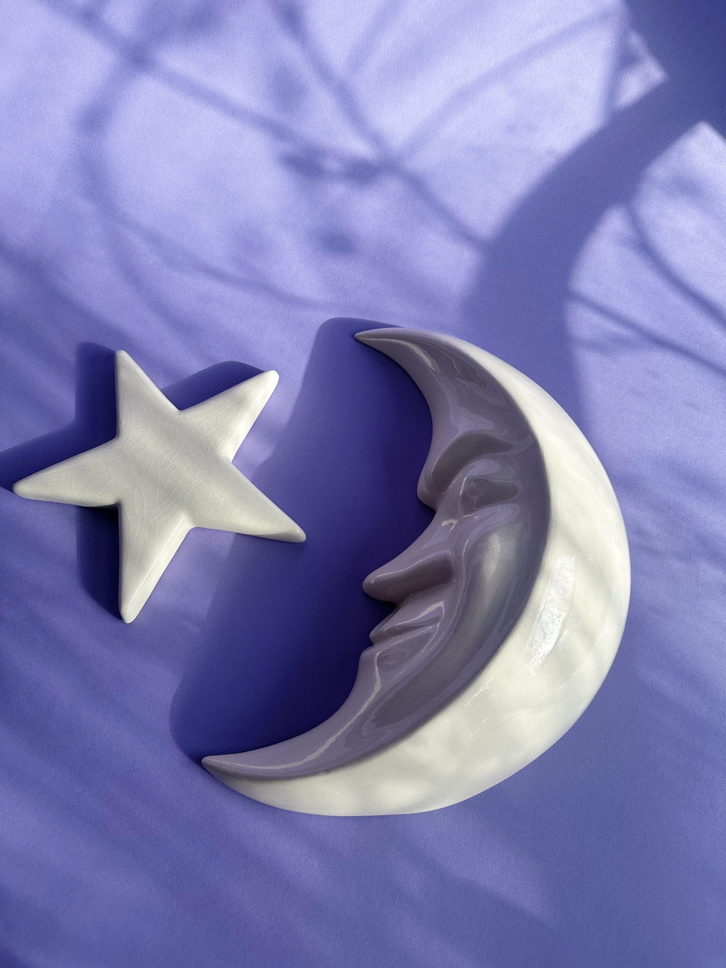 Vintage Glazed White Cresent Moon with Face & Star Ceramic Wall Hangings