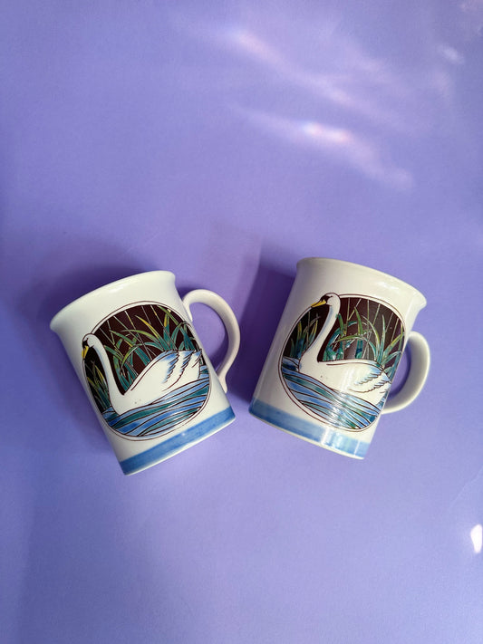 Pair Of Vintage Otagiri Swan Mugs Blue Ceramic Water Plants Lake Japan