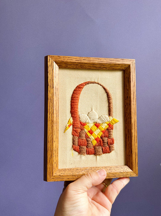 Small Wood Framed Basket of Eggs Crewel