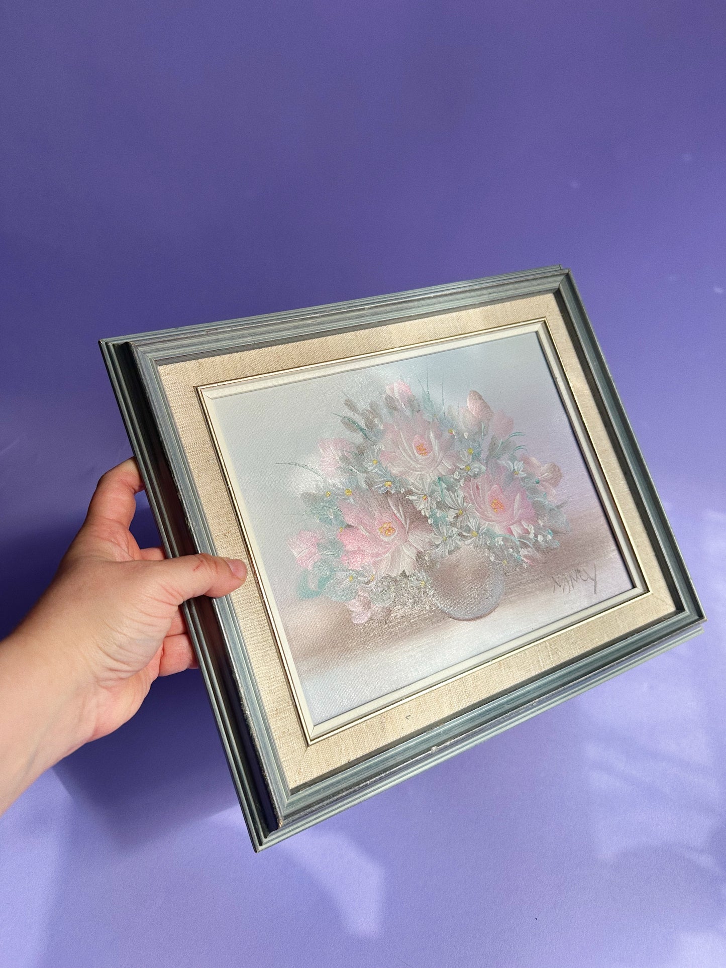Vintage Framed Pink Floral Oil Painting