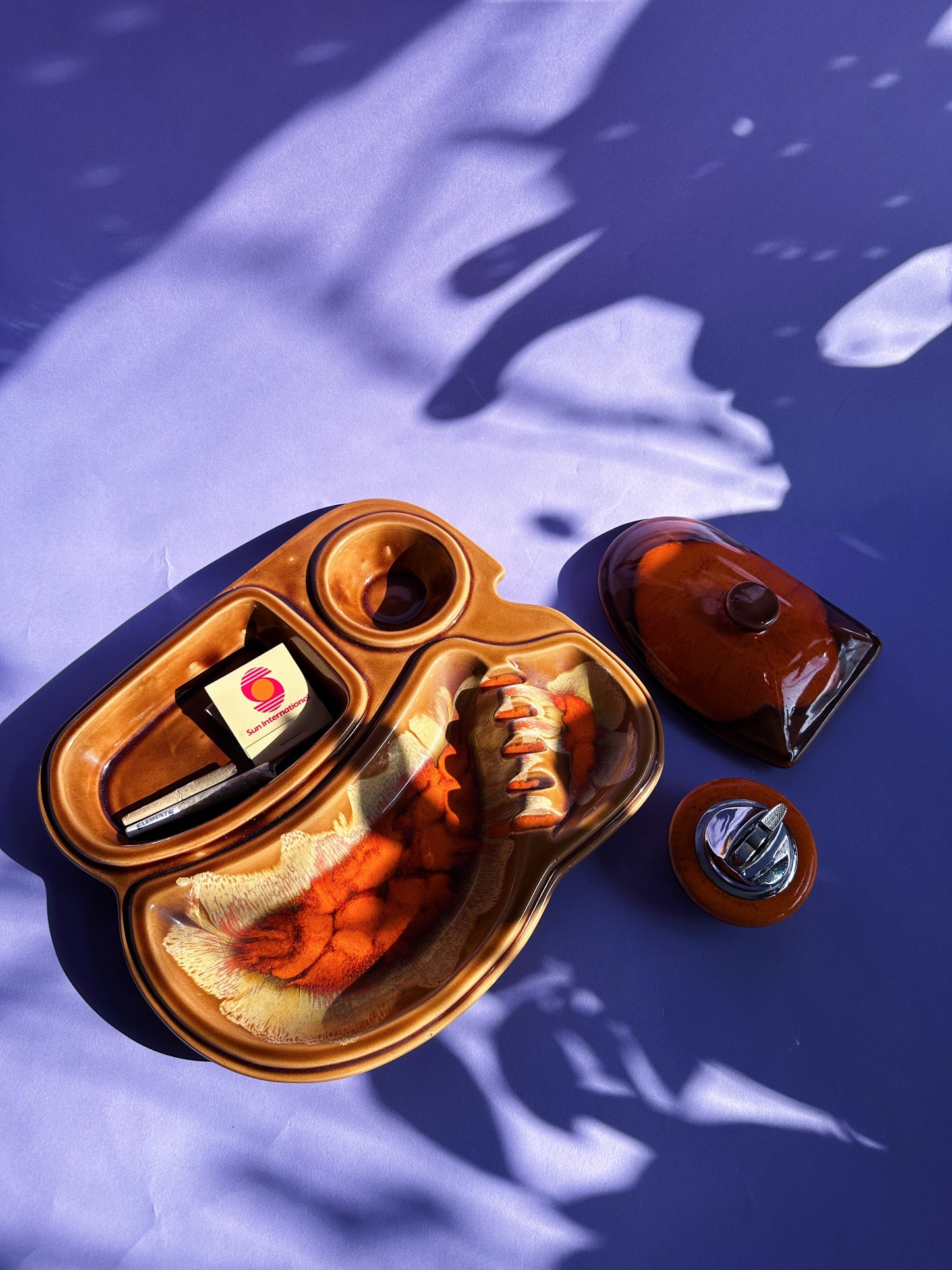 Vintage MCM Ceramic Drip Glazed Large Orange Ashtray Stashtray and Lighter