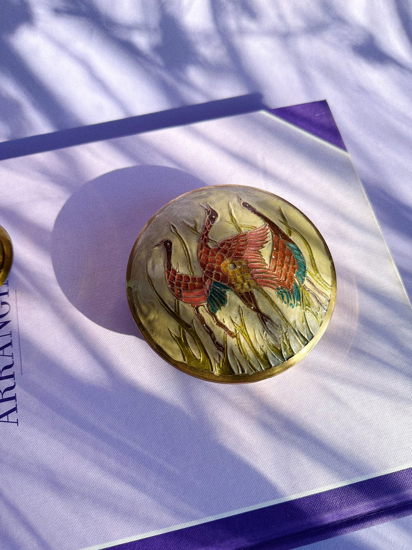 Lidded Enamel Crane & Solid Brass Lidded Trinket Box