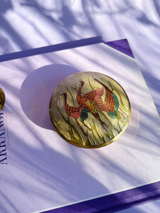 Lidded Enamel Crane & Solid Brass Lidded Trinket Box