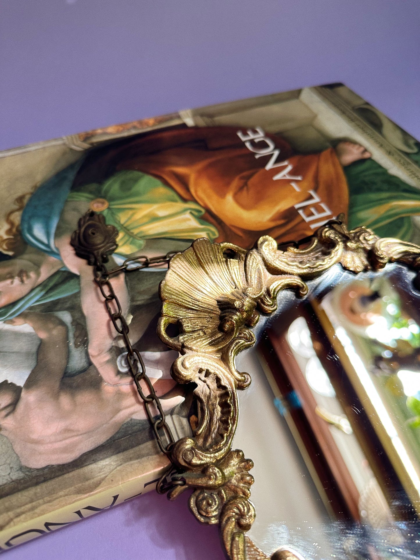 Antique Rococo Oval Mirror Gilt Floral Frame Cherub Shell Crest Brass Wall Decor