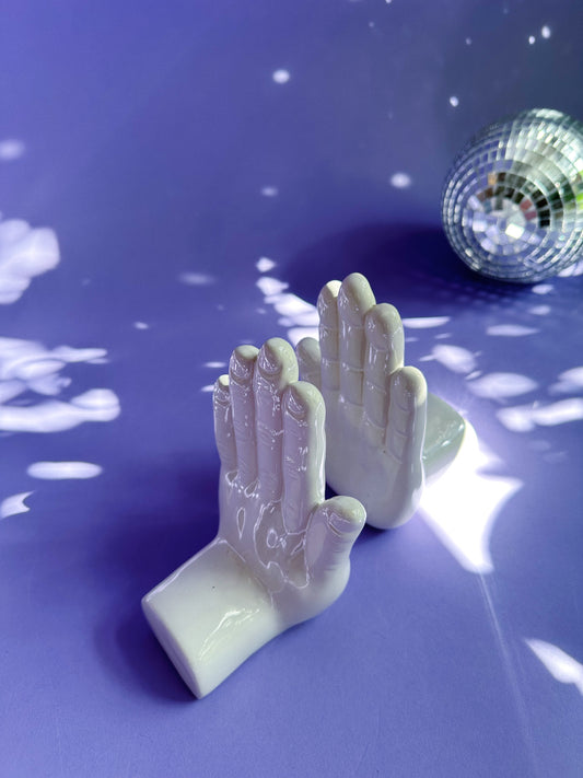 White Ceramic Hands Book Ends VTG 6.25” Weighted W/O Sand MCM NOTE