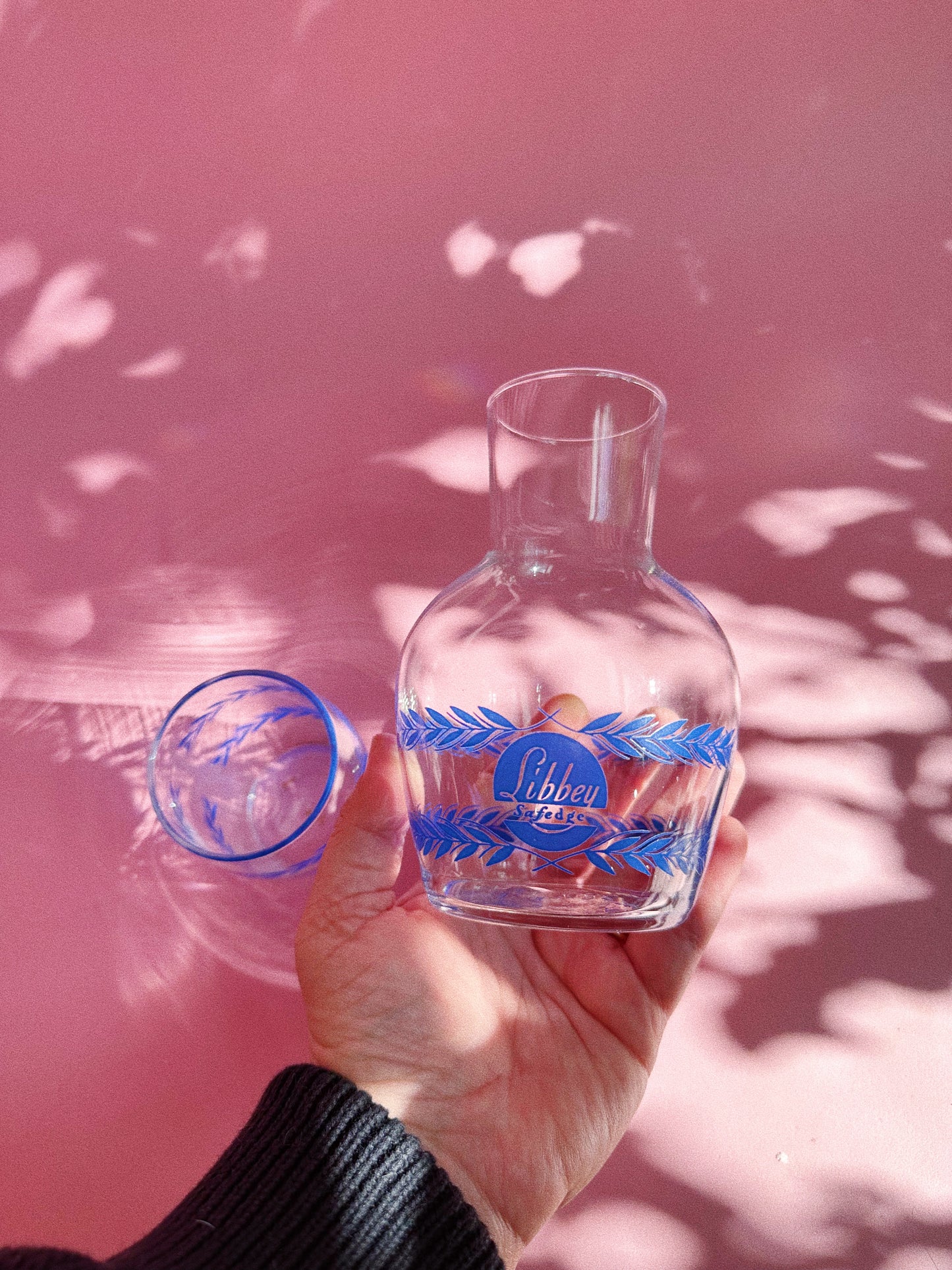 Vintage Crystal Libbey Glass Advertising Tumble Up Guest Pitcher Set c.1935