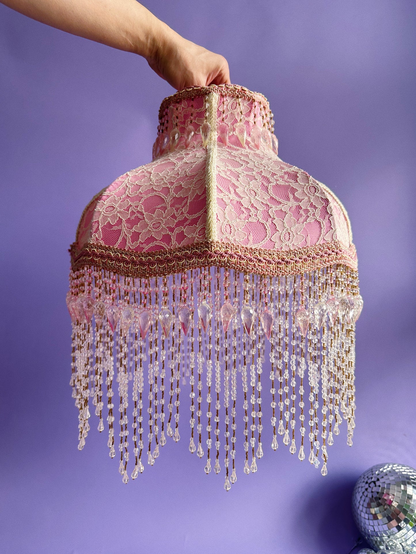 Pair of Victorian French Large Lamp Shade Lace "Blush" Pink Bead Fringe Scallop