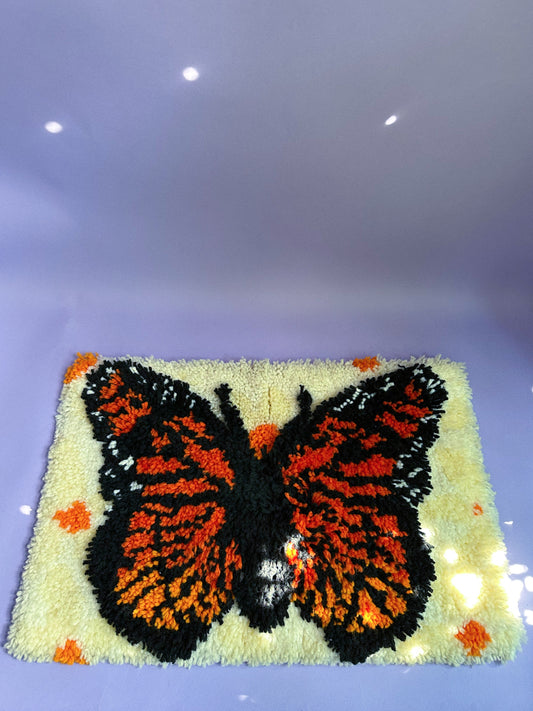 Vintage 1970s Monarch Butterfly Latch Hook Wall Tapestry Rug Yellow Orange