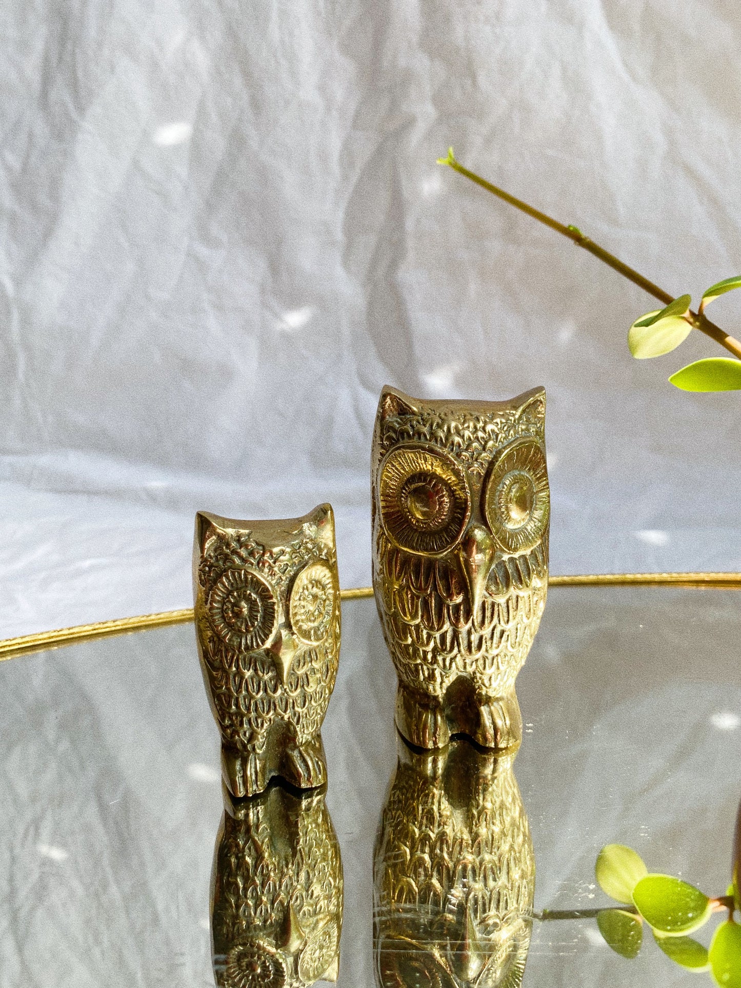 Pair of Solid Vintage Brass Owl Paperweights / Sculptures